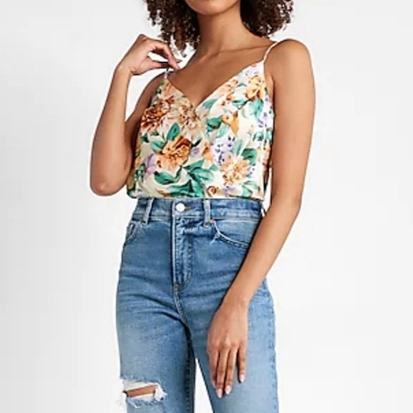 Express Tops - 🆕️ EXPRESS Floral Faux Wrap Satin Cami Bodysuit SIZE: L